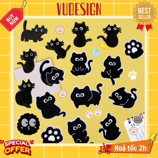 Sticker dán vải, sticker ủi thêu quần áo, balo, túi, mũ con mèo đen thằng đậu chấu đọ vitamin mèo black cat vudesign