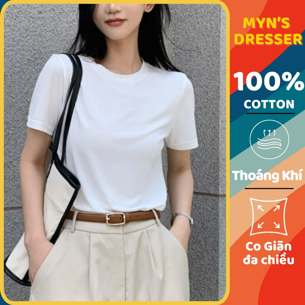 Áo thun nữ Myn dáng trơn cổ tròn tay ngắn form vừa ôm body vải cotton CAO CẤP màu trắng đen MD24.01