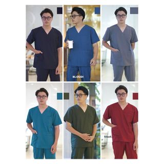 Bộ Scrubs Bác Sĩ Nam Bloudi Basic Cotton Cao Cấp, Đồng phục Spa, Đồng phục y tế, quần không dây rút