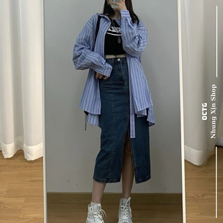 Chân váy jeans dáng dài phong các Hàn Quốc