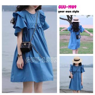 Đầm nữ dáng babydoll, phối bèo, cộc tay, cổ tròn, dáng ngắn suông rộng, kiểu dáng trẻ trung - GUU1989 V163