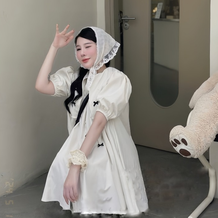 Đầm Babydoll Cổ Nhọn Tay Bồng Đính 4 Nơ Xinh Chất Liệu Thô Hàn Dáng Tiểu Thư | BigBuy360 - bigbuy360.vn