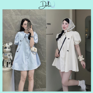Đầm Babydoll Cổ Nhọn Tay Bồng Đính 4 Nơ Xinh Chất Liệu Thô Hàn Dáng Tiểu Thư