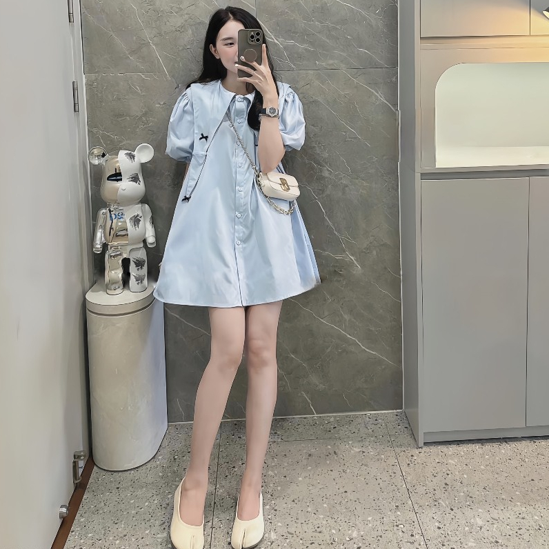Đầm Babydoll Cổ Nhọn Tay Bồng Đính 4 Nơ Xinh Chất Liệu Thô Hàn Dáng Tiểu Thư | BigBuy360 - bigbuy360.vn
