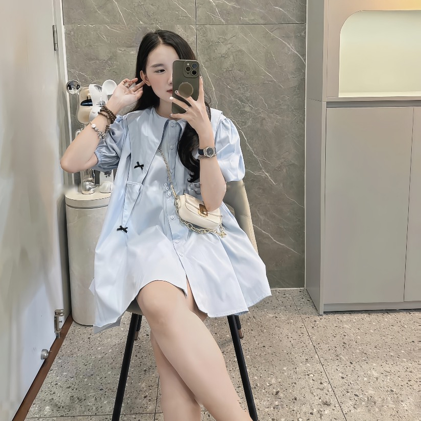 Đầm Babydoll Cổ Nhọn Tay Bồng Đính 4 Nơ Xinh Chất Liệu Thô Hàn Dáng Tiểu Thư | BigBuy360 - bigbuy360.vn