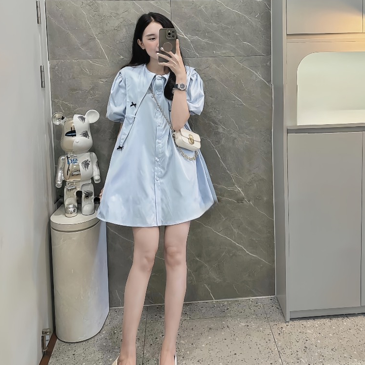 Đầm Babydoll Cổ Nhọn Tay Bồng Đính 4 Nơ Xinh Chất Liệu Thô Hàn Dáng Tiểu Thư | BigBuy360 - bigbuy360.vn