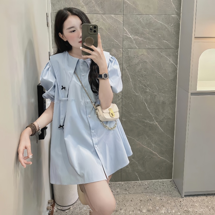 Đầm Babydoll Cổ Nhọn Tay Bồng Đính 4 Nơ Xinh Chất Liệu Thô Hàn Dáng Tiểu Thư | BigBuy360 - bigbuy360.vn