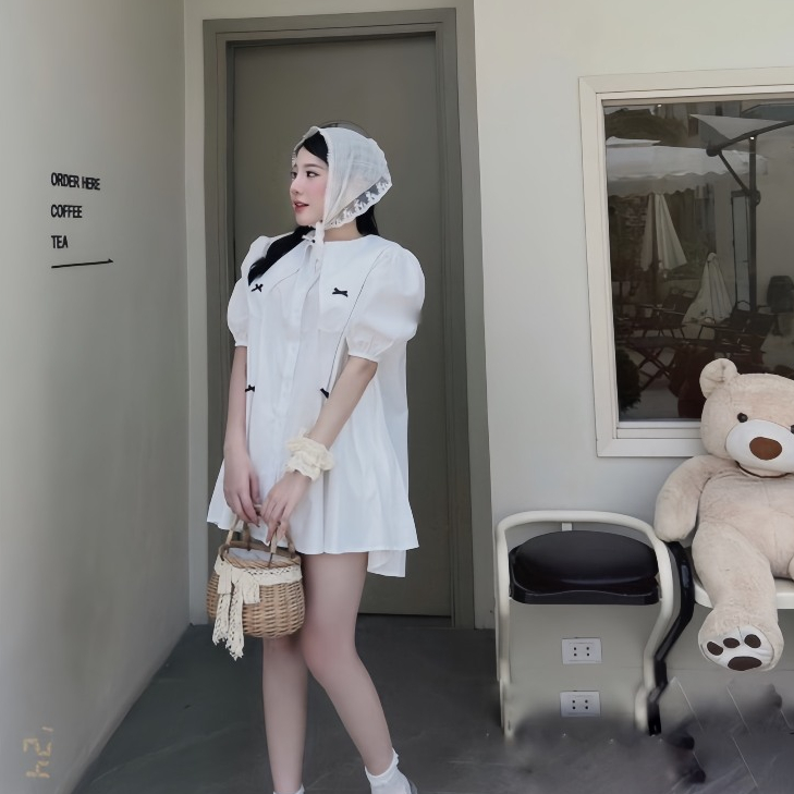 Đầm Babydoll Cổ Nhọn Tay Bồng Đính 4 Nơ Xinh Chất Liệu Thô Hàn Dáng Tiểu Thư | BigBuy360 - bigbuy360.vn