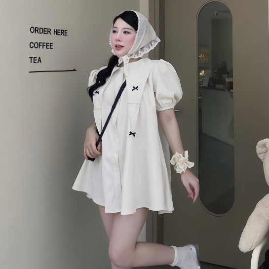 Đầm Babydoll Cổ Nhọn Tay Bồng Đính 4 Nơ Xinh Chất Liệu Thô Hàn Dáng Tiểu Thư | BigBuy360 - bigbuy360.vn