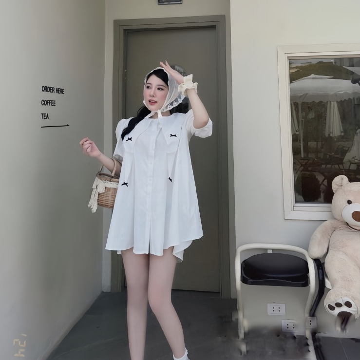 Đầm Babydoll Cổ Nhọn Tay Bồng Đính 4 Nơ Xinh Chất Liệu Thô Hàn Dáng Tiểu Thư | BigBuy360 - bigbuy360.vn