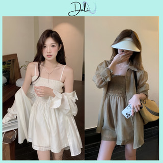 Set JUMSUIT 2 Dây Bo Chun Liền Quần Sooc Kèm Áo Khoác Sơ Mi Chất Liệu Đũi Gân
