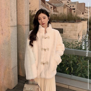 Áo khoác lông thỏ cài KHUY LỤC GIÁC nữ tính siêu đẹp