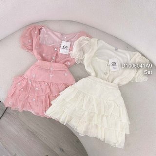 Set bộ đũi nhăn hoa nhí hai lớp áo nút cổ vuông tay bo kèm chân váy ngắn xòe tầng có lót trong! TOMBI SHOP