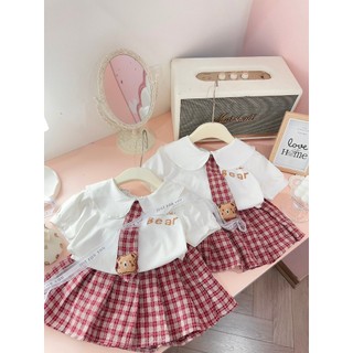 Sét bộ áo gấu bear cà vạt kèm chân váy kẻ bé gái