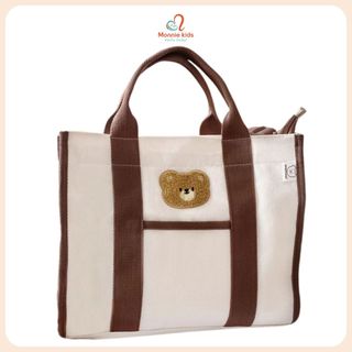 Túi bỉm sữa Upupfour cho mẹ thêu gấu 32x29x23cm, túi xách canvas đựng đồ trẻ em - Monnie Kids