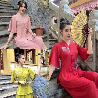 Đồ lam đi chùa - mẫu hoa cúc thêu - pháp phục lễ chùa.