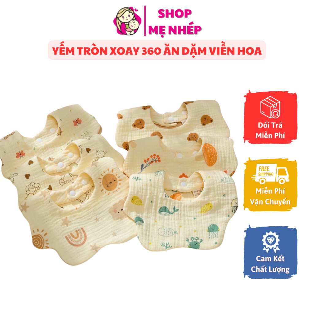 Yếm tròn xoay 360 ăn dặm VIỀN HOA cho bé chất xô muslin mềm mại thấm hút tốt