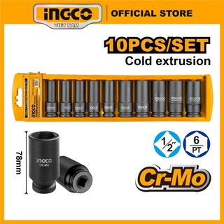 Bộ 10 đầu tuýp dài thép cr-mo 1/2" ingco hkissd12102l size 10.12.13.14.15.17.19.21.22.24mm thép crmo