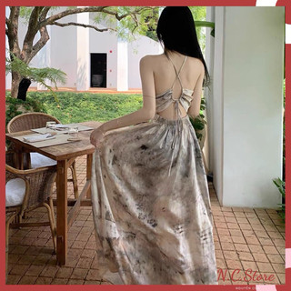 Đầm 2 Dây Loang Chéo Mảnh Đan Hở Lưng Dáng Dài