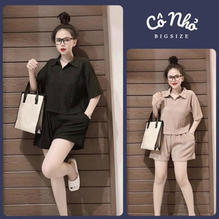 Set Xốp Bigsize Cô Nhỏ Áo Thun Cổ Bẻ Kết Hợp Quần Đùi Xốp Dáng Chữ A Rộng Rãi Co Giãn Mặc Mát SXOP