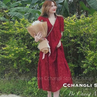 Váy bầu suông trơn,đầm bầu cổ tim form rộng dáng dài chất liệu mềm mại