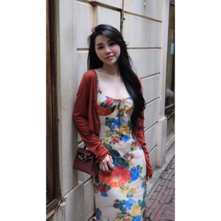 Set đồ nữ váy hai dây hoạ tiết kèm áo choàng cam đi chơi đi biển, set đầm váy hai dây bún suông dài kèm áo choàng remake