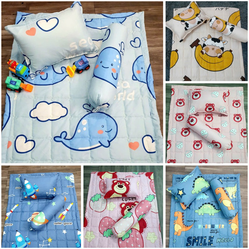 Bộ chăn gối cho bé đi học, set 3 món chăn đắp kèm gối ngủ cho bé từ 0-3 tuổi mẫu siêu xinh