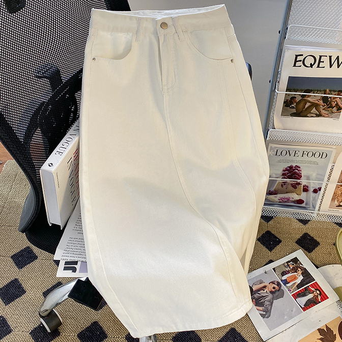 Trắng chân váy jean dài lưng chữ a cạp cao xẻ váy nữ chân váy jean bigsize