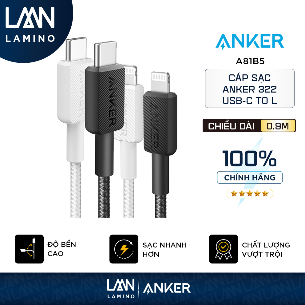 Cáp Sạc Nhanh Anker 322 A81B5 Bọc Dù (Nylon) USB-C to Laining dài 0.9m - LAMINO