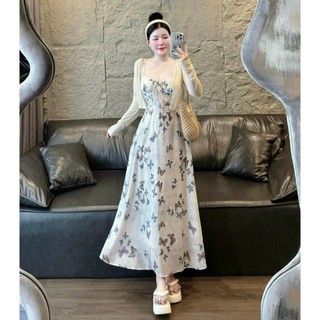 Đầm thời trang nữ đi chơi chất lụa kèm áo khoác cổ dây không tay dáng váy chữ A dài maxi  tôn dáng, cá tính