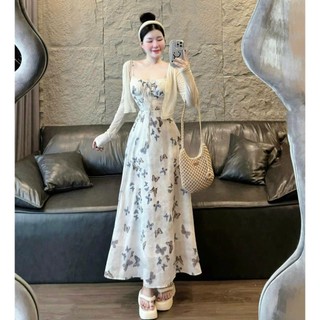 Đầm thời trang nữ đi chơi chất lụa kèm áo khoác cổ dây không tay dáng váy chữ A dài maxi  tôn dáng, cá tính