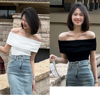 Áo kiểu nữ trễ vai đính nơ Áo lệch vai gân tăm xinh