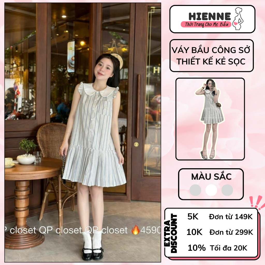 Váy bầu mùa hè, đầm bầu xinh HIENNE dáng babydoll thiết kế kẻ sọc đuôi cá sát nách viền bèo, chất kẻ thô mềm mát