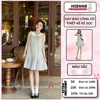 Váy bầu mùa hè, đầm bầu xinh HIENNE dáng babydoll thiết kế kẻ sọc đuôi cá sát nách viền bèo, chất kẻ thô mềm mát