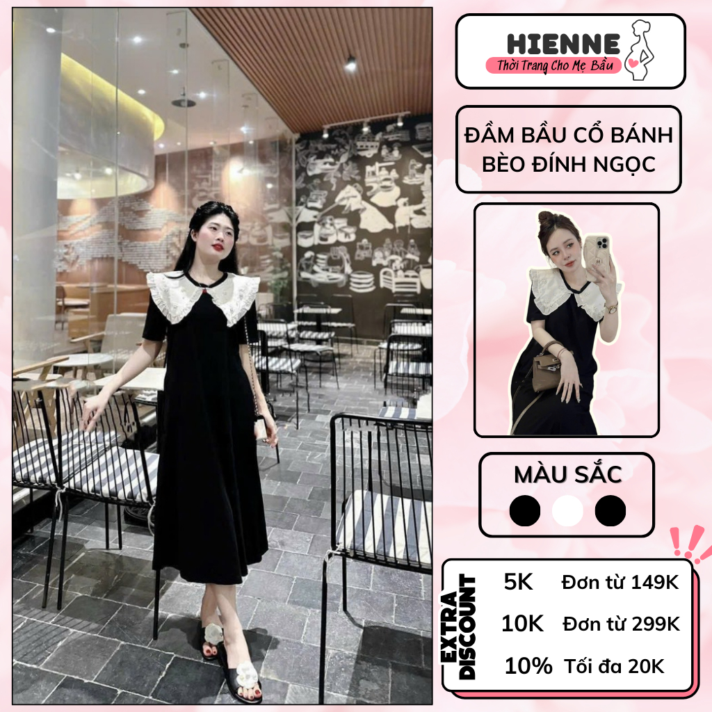 Đầm bầu dự tiệc HIENNE, váy bầu công sở dáng dài cổ bánh bèo đính ngọc, chất đũi lụa mềm mát lên dáng cực xinh