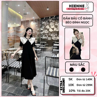 Đầm bầu dự tiệc HIENNE, váy bầu công sở dáng dài cổ bánh bèo đính ngọc, chất đũi lụa mềm mát lên dáng cực xinh