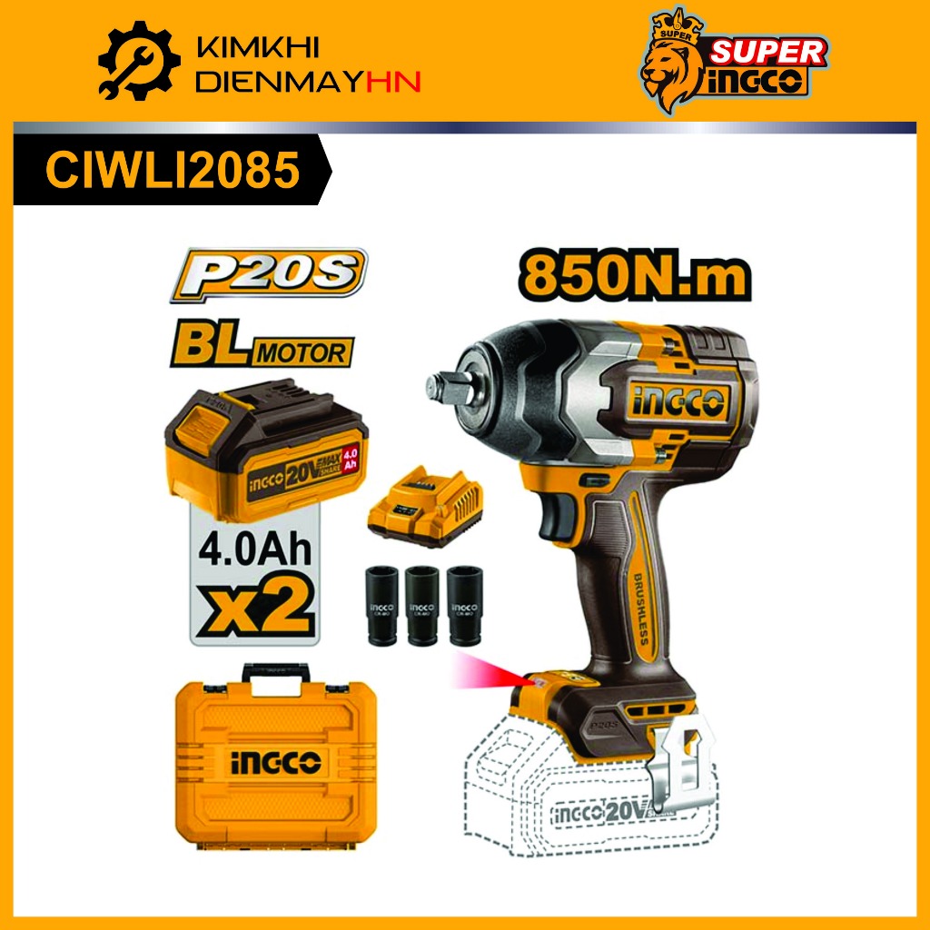 Máy Siết Bulong Ingco CIWLI2085 20V, 850Nm, Động Cơ Không Chổi Than, Kích Thước 1/2"