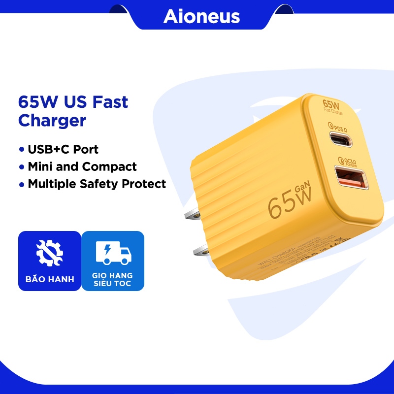Aioneus Củ Sạc Nhanh 65W 2 Cổng Cao Cục Sạc USB C Cho Samsung Huawei Xiaomi Oppo