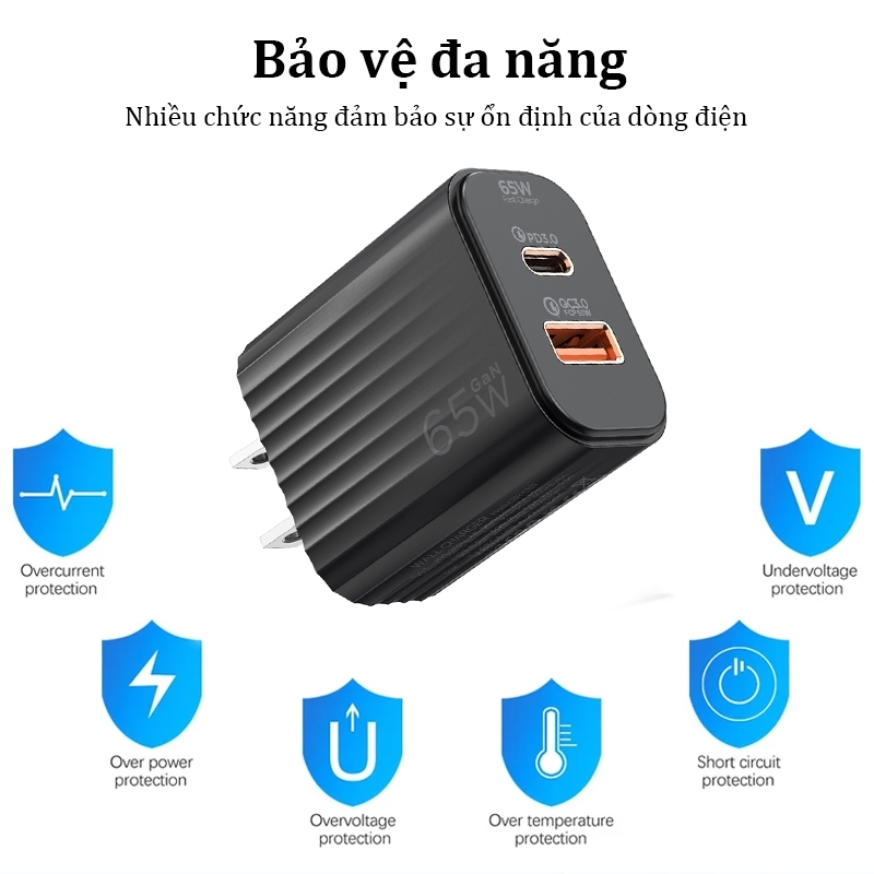 Aioneus Củ Sạc Nhanh 65W 2 Cổng Cao Cục Sạc USB C Cho Samsung Huawei Xiaomi Oppo