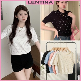  Áo thun dệt kim nữ tay ngắn croptop kiểu cổ tròn đính đá kẻ sọc caro len mongtoghi hàng Quảng Châu 