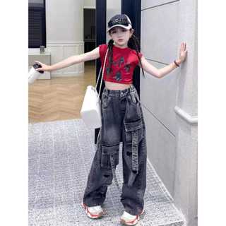   Ghe Set áo cotton quần jean suông rách Set đồ bé gái sành điệu 18-50k quần jean bé gái thời trang bé gái mùa hè cá tính 