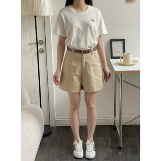 Quần short nữ kèm thắt lưng dáng rộng, Quần đùi nữ chất vải kaki cạp cao túi chéo basic Q6240606