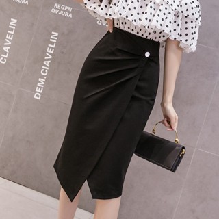 Chân váy bút chì dáng dài qua gối phong cách công sở đắp tà xếp li 1 cúc dài 70cm
