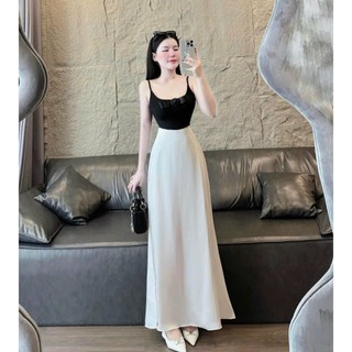 Set váy nữ thiết kế, set áo thun đen 2 dây đính hoa mix chân váy trắng ôm body dáng dài qua gối sang chảnh dx