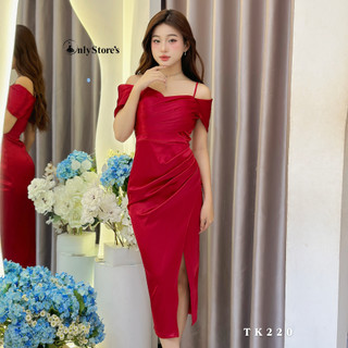 TK220 Đầm lụa trễ vai lệch tà xếp ly