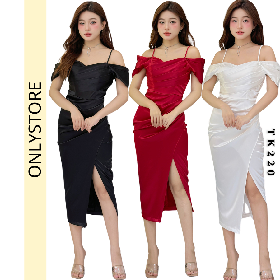 TK220 Đầm lụa trễ vai lệch tà xếp ly