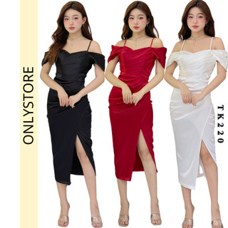 TK220 Đầm lụa trễ vai lệch tà xếp ly