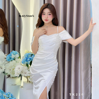 TK220 Đầm lụa trễ vai lệch tà xếp ly
