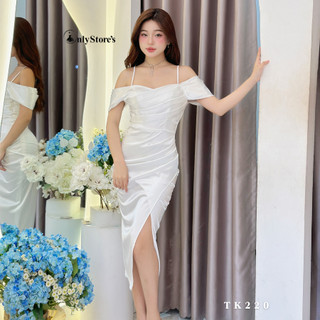TK220 Đầm lụa trễ vai lệch tà xếp ly