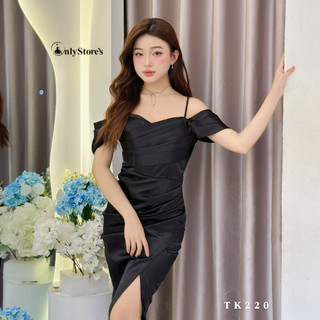 TK220 Đầm lụa trễ vai lệch tà xếp ly
